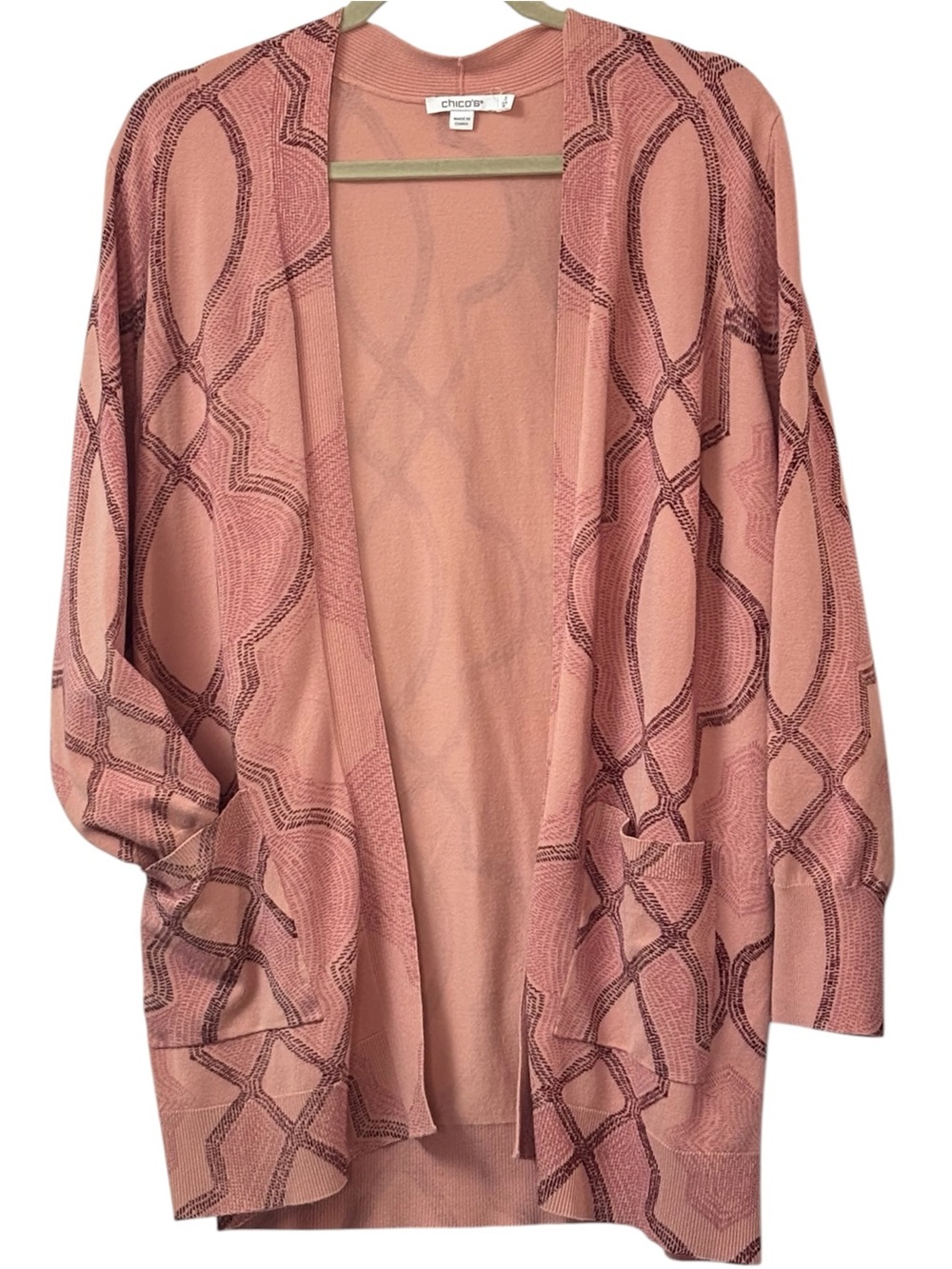 Chicos Pink Geometric Open Front Knit Cardigan Business Casual Careerwear 3 / XL